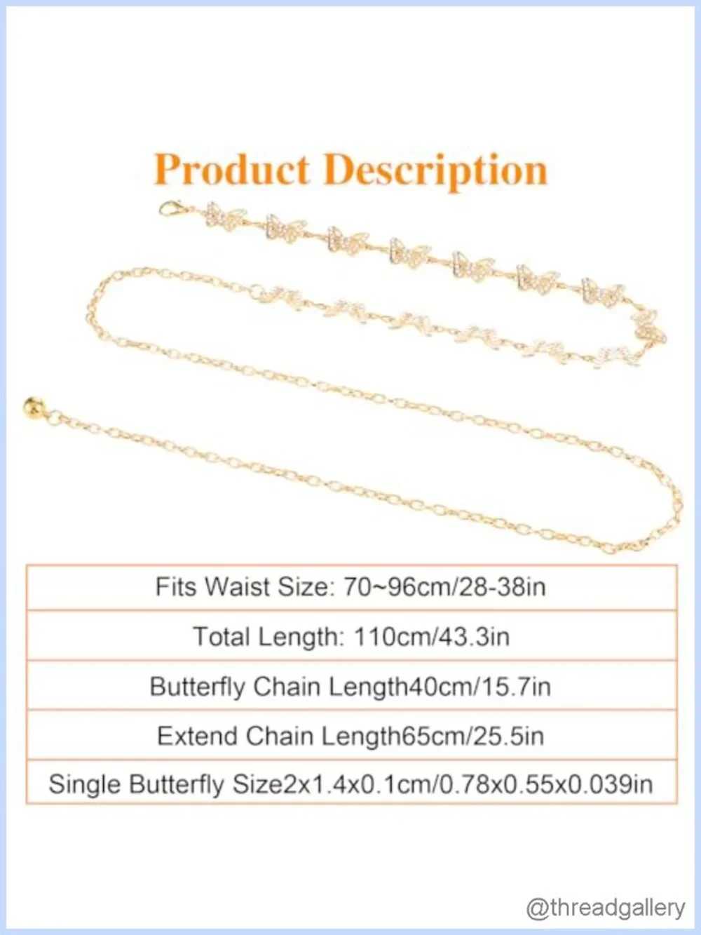 Rhinestone Butterfly Waist Chain Belt Adjustable for Dresses